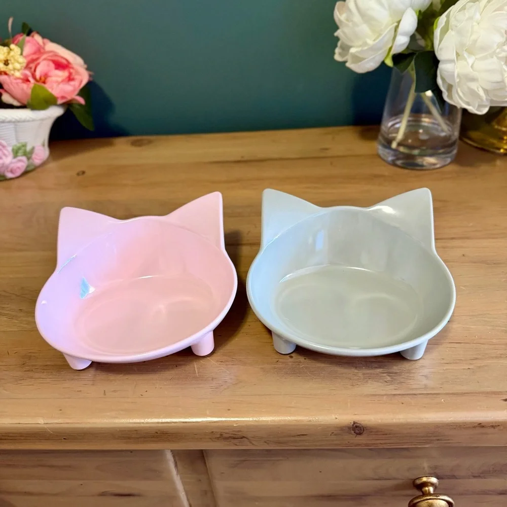Pastel Cat Bowl Set Raised Kitty Ear Dishes Pink Gray Elevated Feeder Bowls